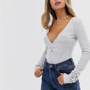 Intimately Free People Cozy Up To Me Ribbed Bodysuit Small Gray Long Sle…